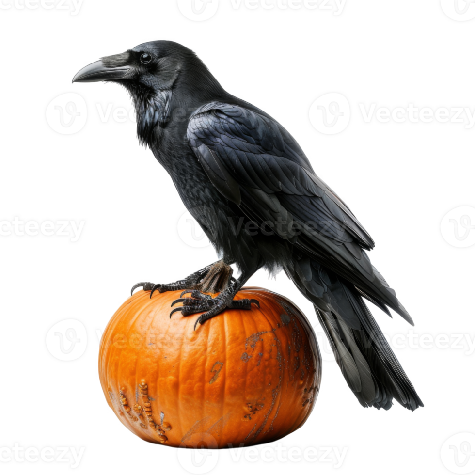 Black Raven Perched on a Ripe Orange Pumpkin png