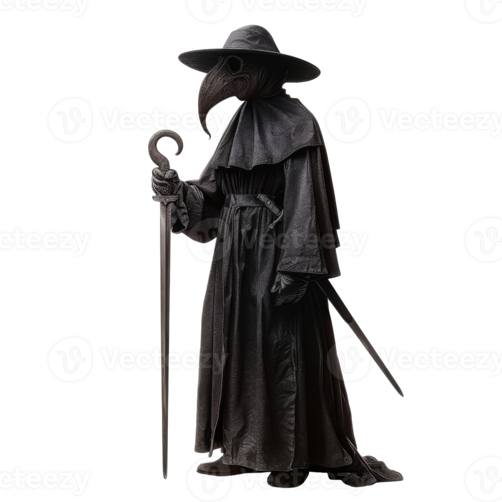 A Plague Doctor Standing with a Staff and Sword png