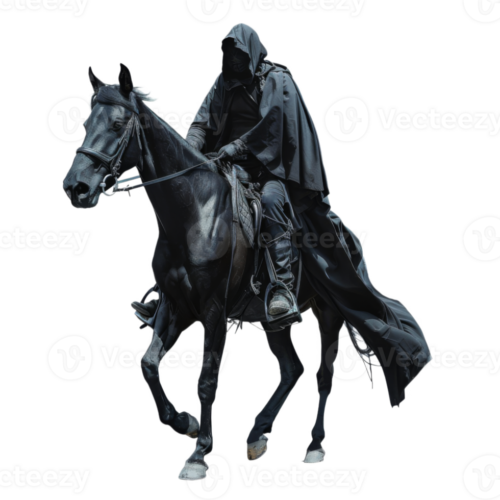 A hooded figure riding a black horse in a dramatic pose png