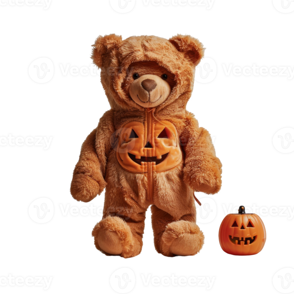 Teddy Bear Dressed in a Pumpkin Costume with a Jack-O-Lantern png