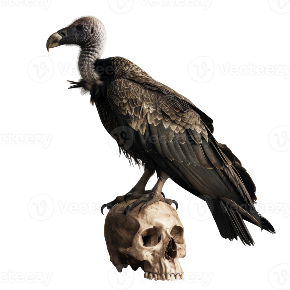 A Vulture Perched Atop a Human Skull png