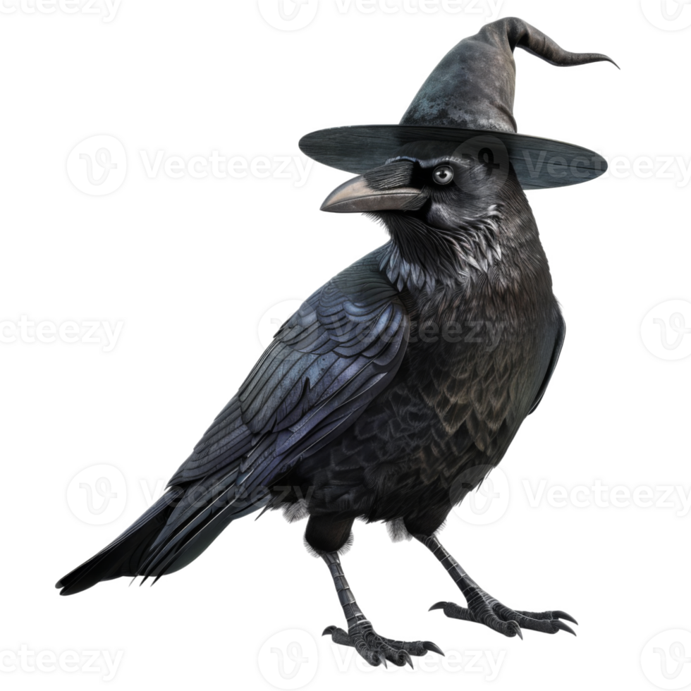 A Black Raven Wearing a Pointed Witch's Hat png