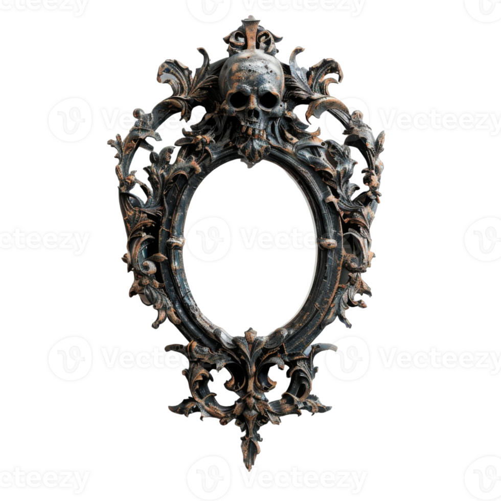 Ornate Skull-Topped Mirror Frame with Empty Reflection png