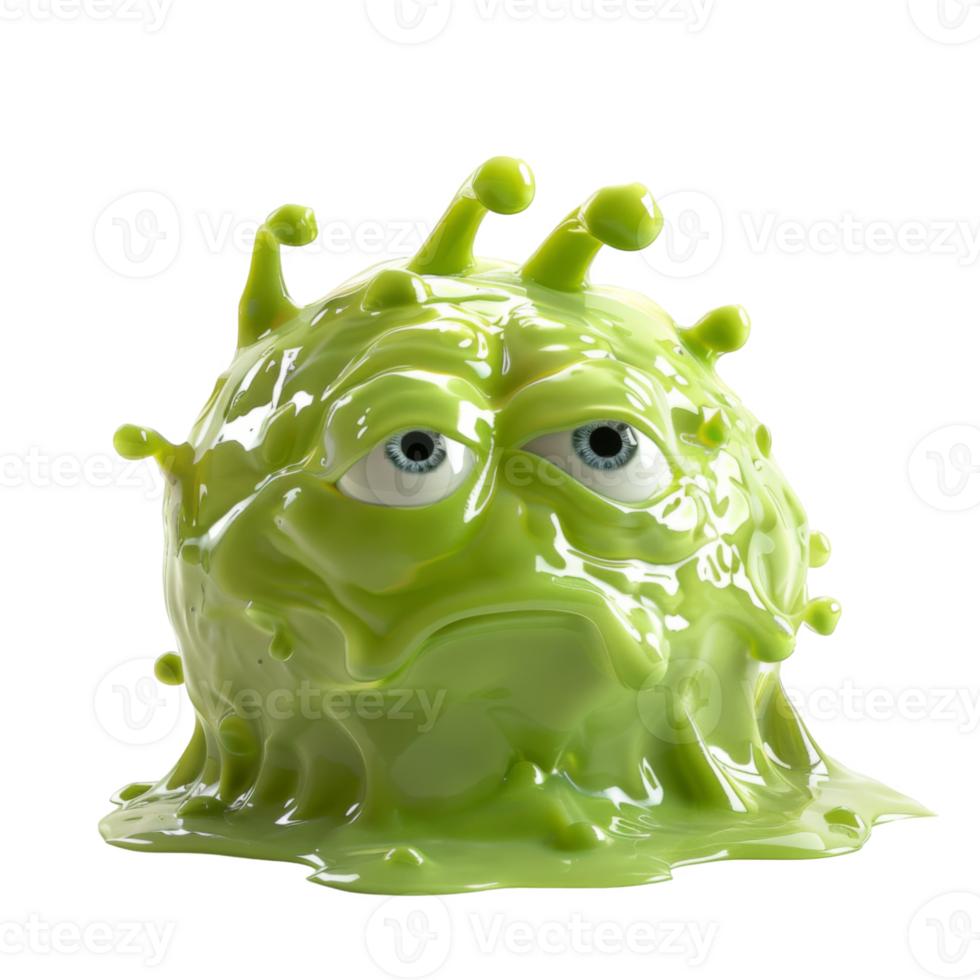 Green Slime Monster with Sad Eyes and Dripping Body png