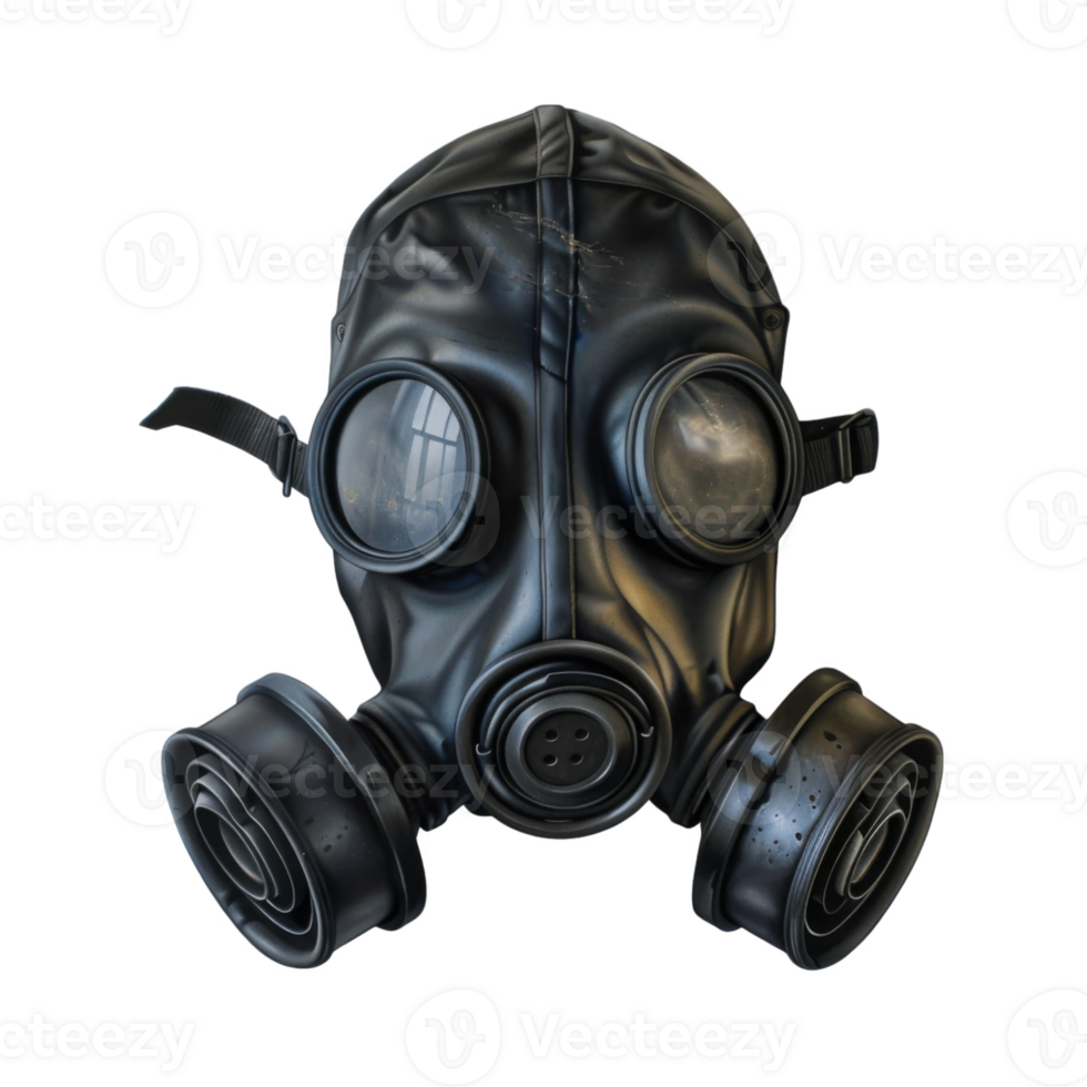 A Worn Black Gas Mask with Two Large Circular Eyepieces and Two Large Circular Filters png