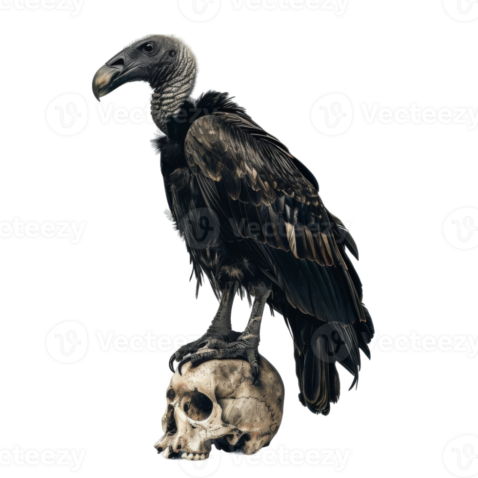 Black Vulture Perched on a Human Skull png