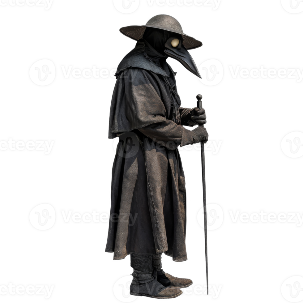 A Figure in a Black Plague Doctor Costume Holds a Staff png