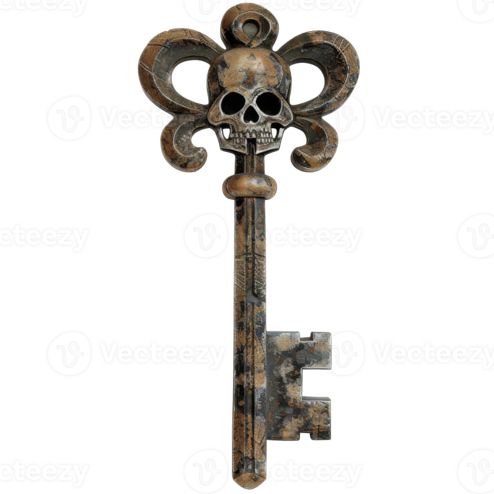 An intricately designed ornate key with a skull at its head png