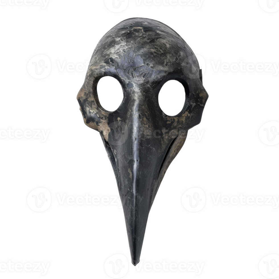 A weathered black plague doctor mask with a long beak png