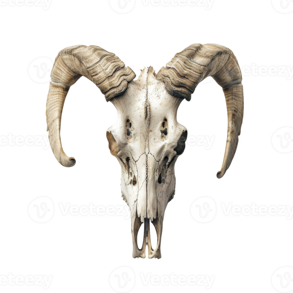 A Detailed View of a Ram Skull with Curved Horns png