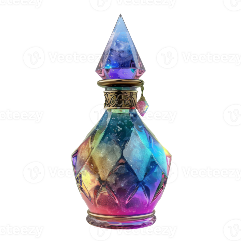 A Multicolored Glass Bottle with a Diamond-Shaped Stopper png