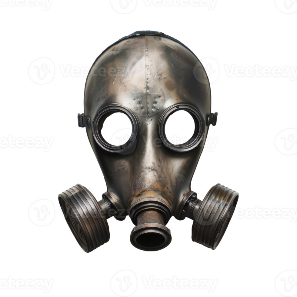 Rusty and weathered gas mask with black background png