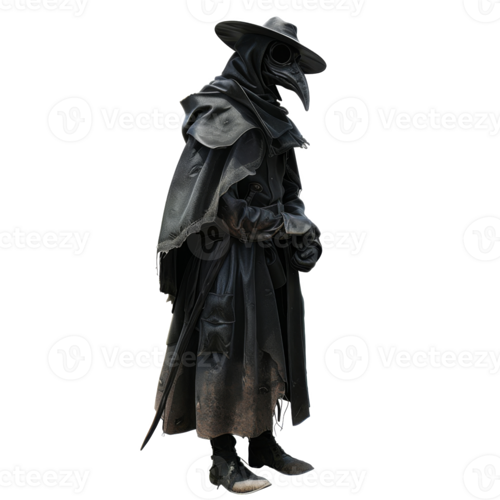 A person wearing a black plague doctor costume png