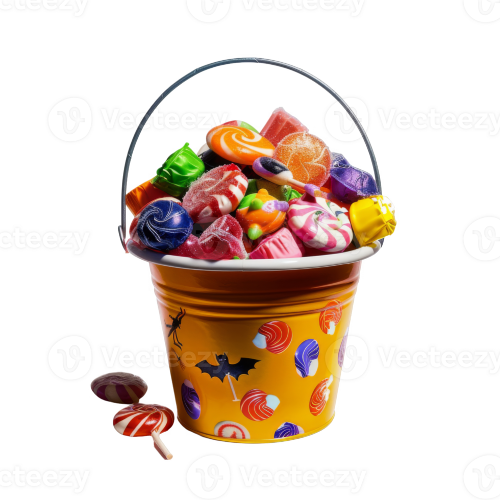 A yellow bucket full of various colorful candies png