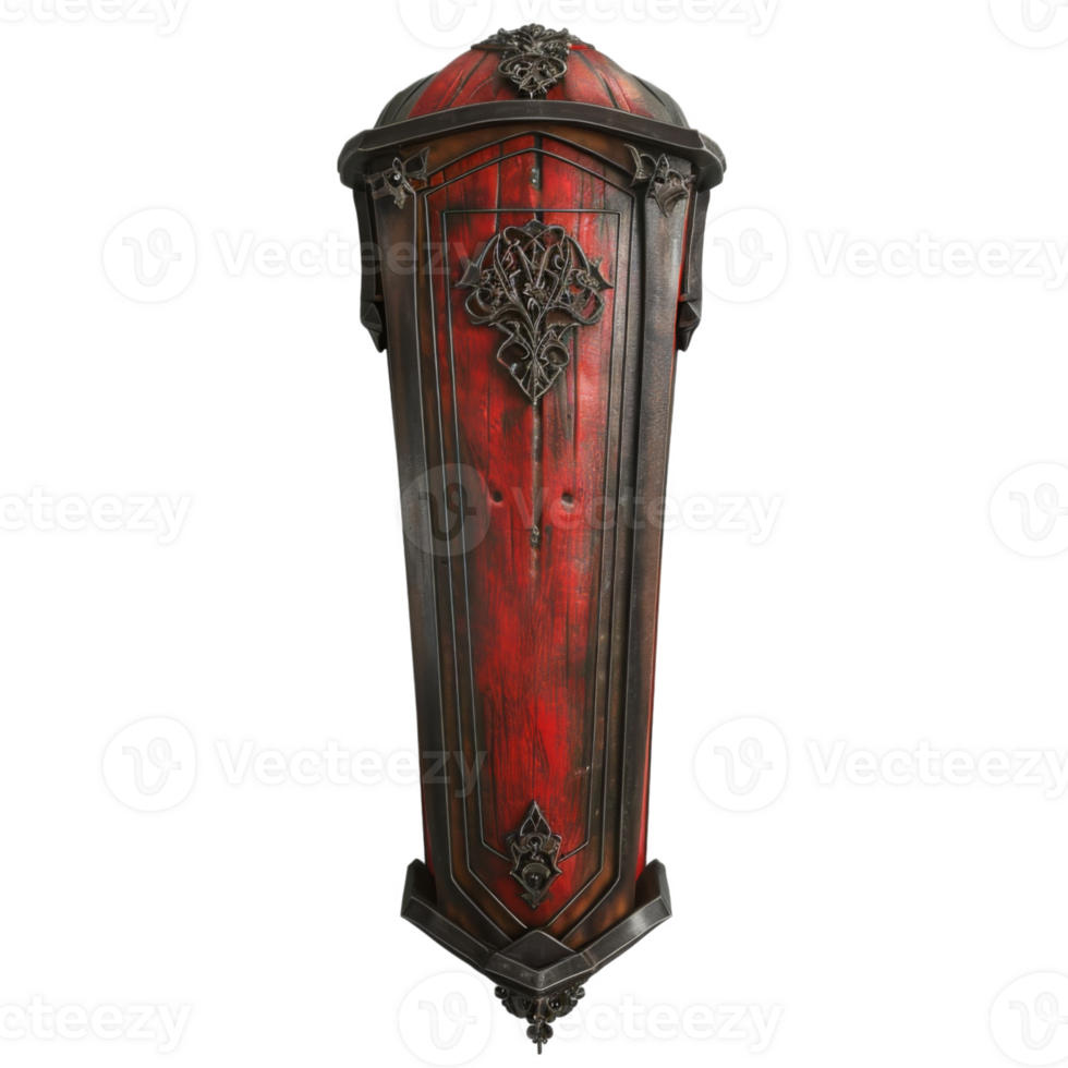 Red Wooden Shield with Ornate Metal Trim png