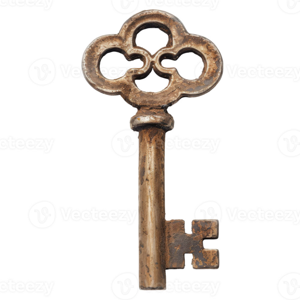 An intricately designed antique key with a worn, rusty finish. png