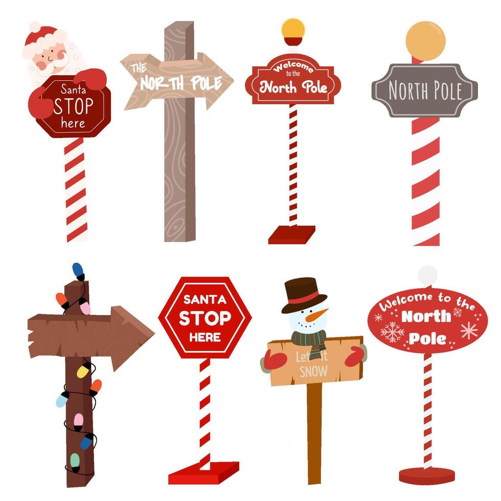 Set of Christmas road sign Santa stop here, North pole Christmas postcard, New Year, banner lettering. vector