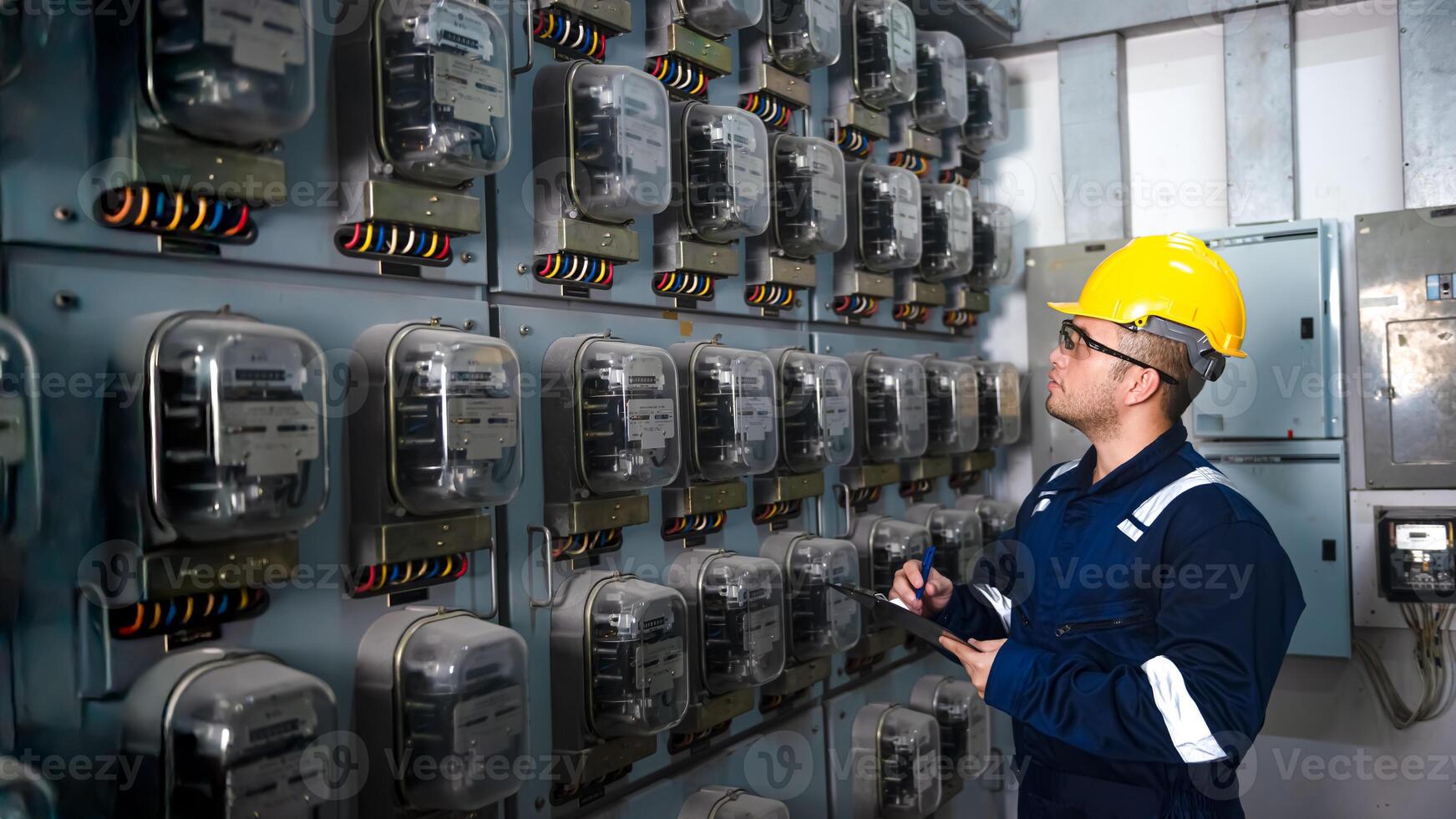 Electrical maintenance engineer is checking Electricity meter, main distribution board and write down value of electricity on a clipboard photo