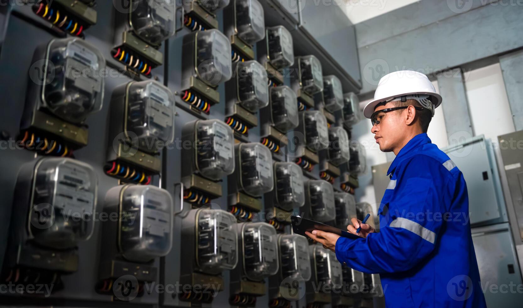 Electrical maintenance engineer is checking .Electricity meter, main distribution board and write down value of electricity on a clipboard photo