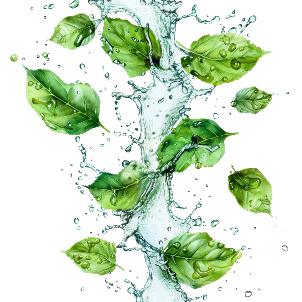 Fresh green leaves splashing with water for cosmetic and nature advertising clip art and element png