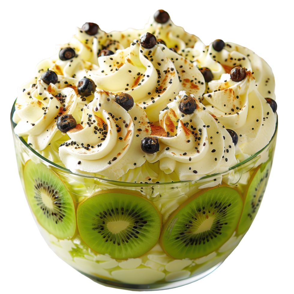 Kiwi trifle with whipped cream and vanilla ice cream with kiwi slices and currant topping in glass bowl. Clip art and element png