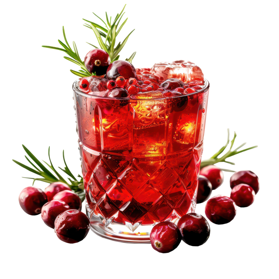 Fresh cranberry and rosemary with ice cube in clear glass object clip art and element png