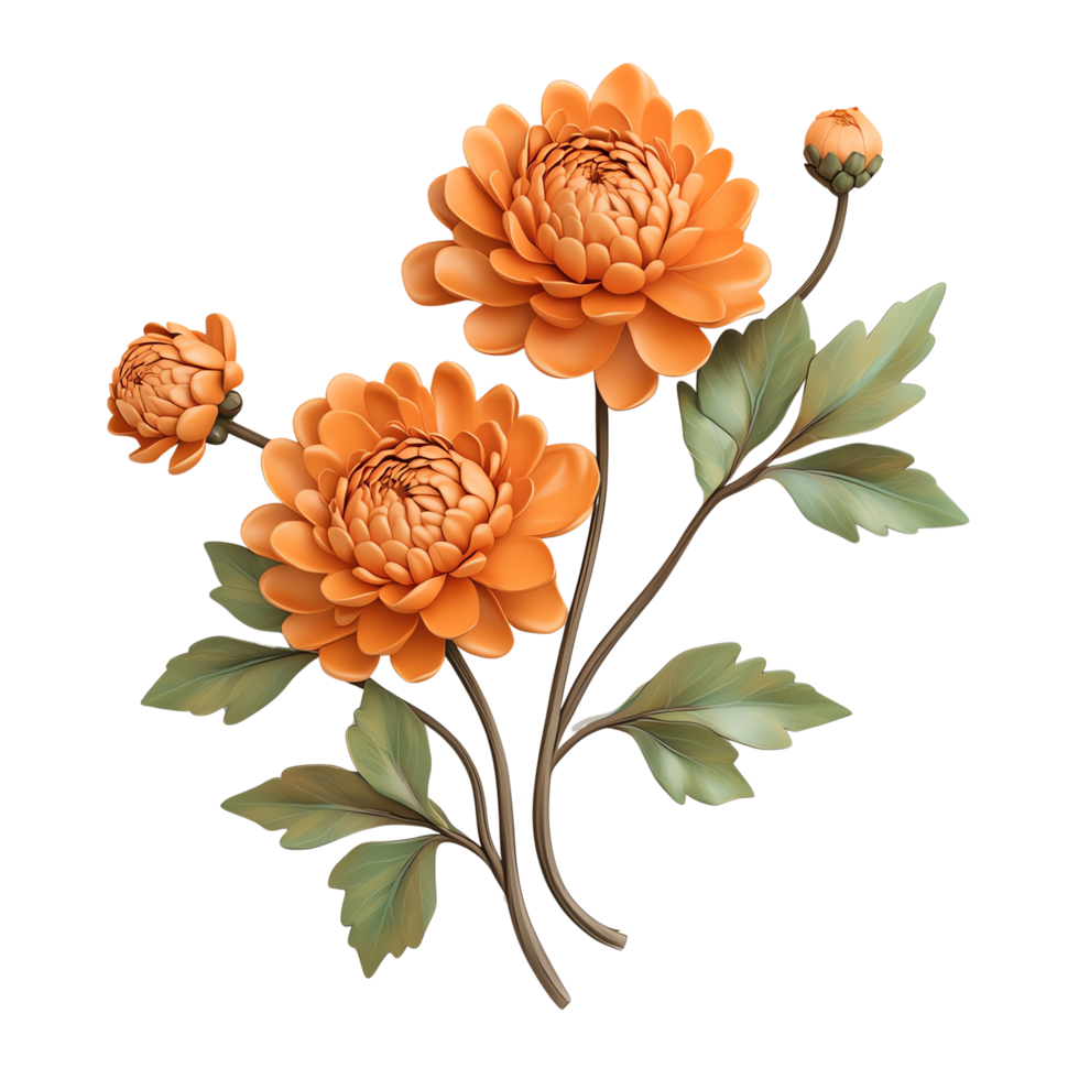 Elegant digital illustration of vibrant orange chrysanthemums with green leaves png