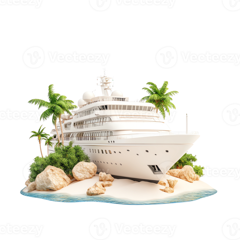 Luxury cruise ship docked on a tropical island with palm trees and clear blue waters png