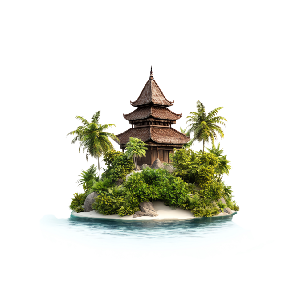 Idyllic tropical island with lush greenery and traditional wooden pavilion surrounded by calm turquoise water. png