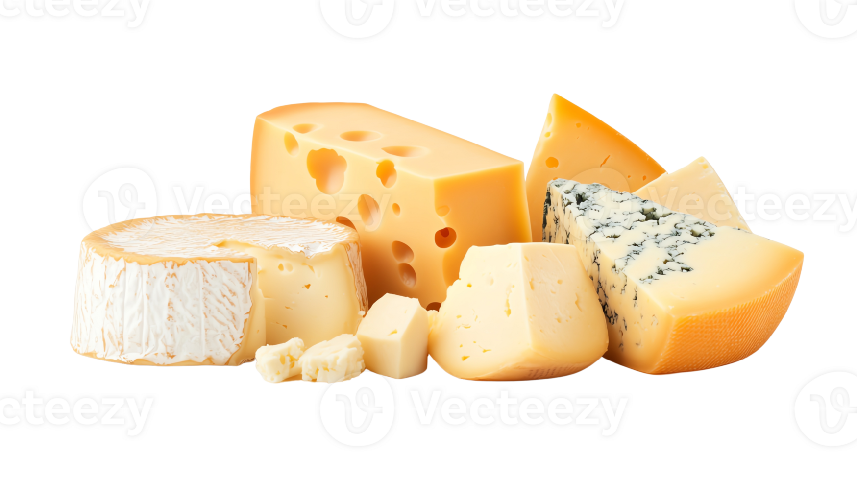 Assorted cheeses including blue, swiss, brie, and gouda varieties png