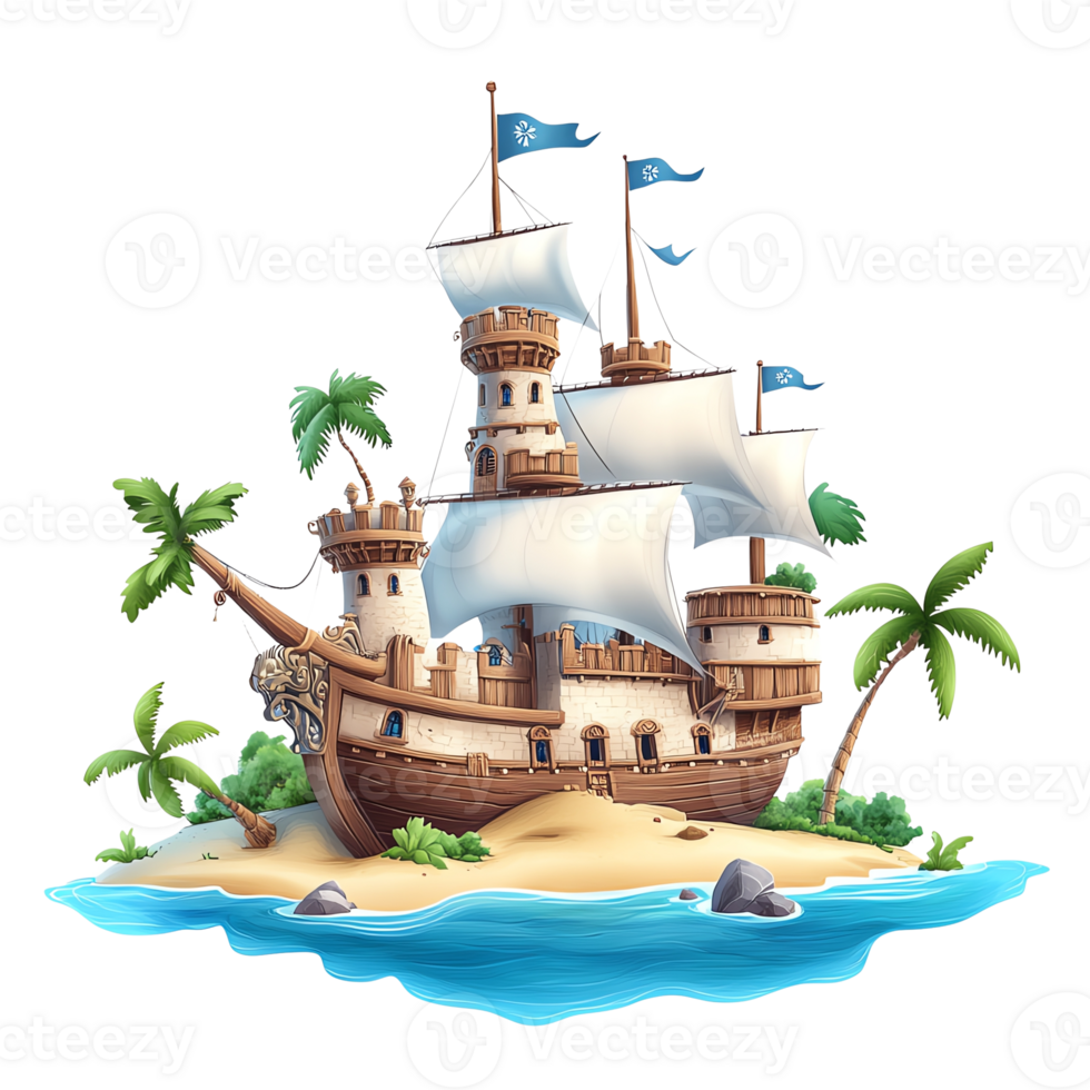 a pirate ship docked on a tropical island with palm trees png