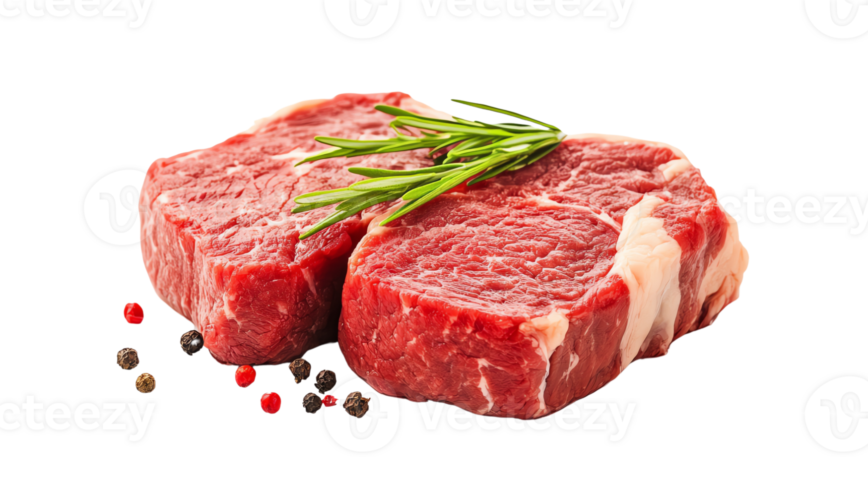 raw beef steaks with marbling, garnished with rosemary and colorful peppercorns png