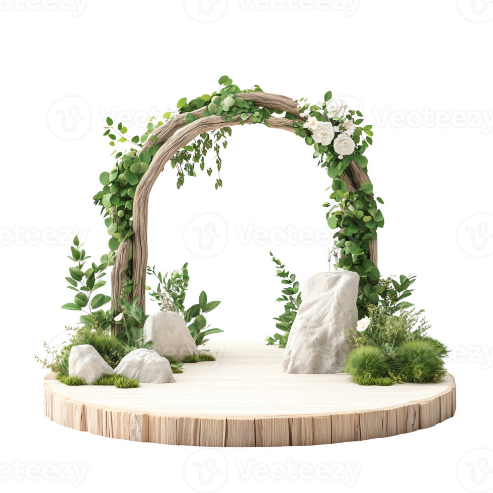Rustic wedding arch adorned with greenery and white flowers on a wooden platform png
