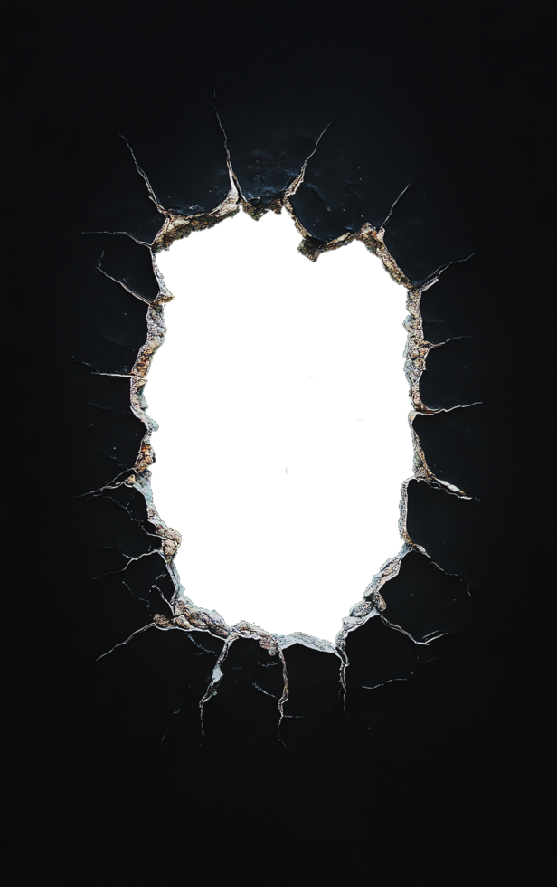 Dark hole in cracked wall symbolizing breakthrough, destruction, or escape with black background. png