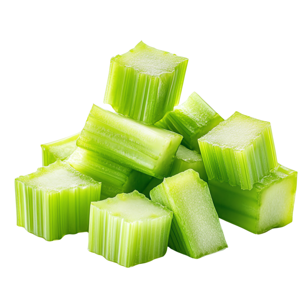 Chopped celery pieces stacked in a pile. Fresh, crisp, and green vegetable png