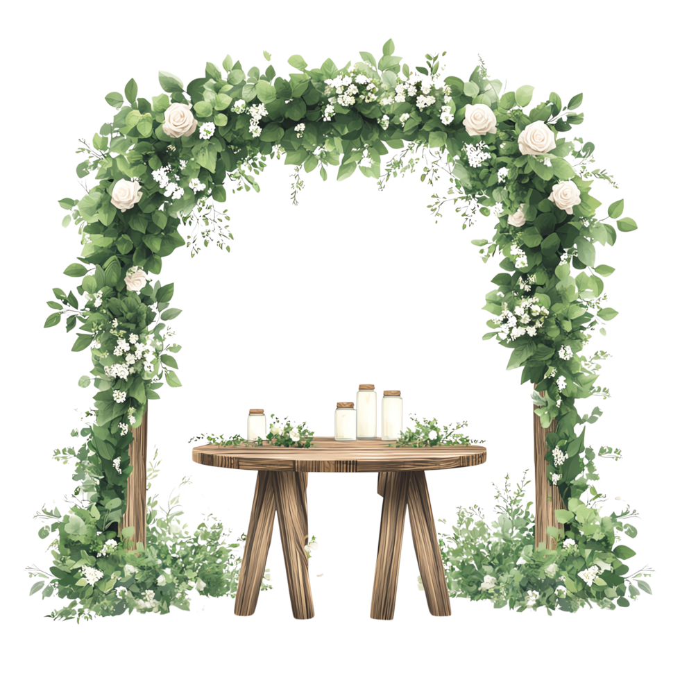 Beautiful wedding arch decorated with greenery and flowers png