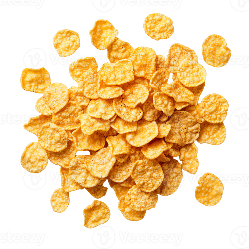 Close-up of crunchy corn flakes piled together, showcasing a delicious and healthy breakfast cereal png