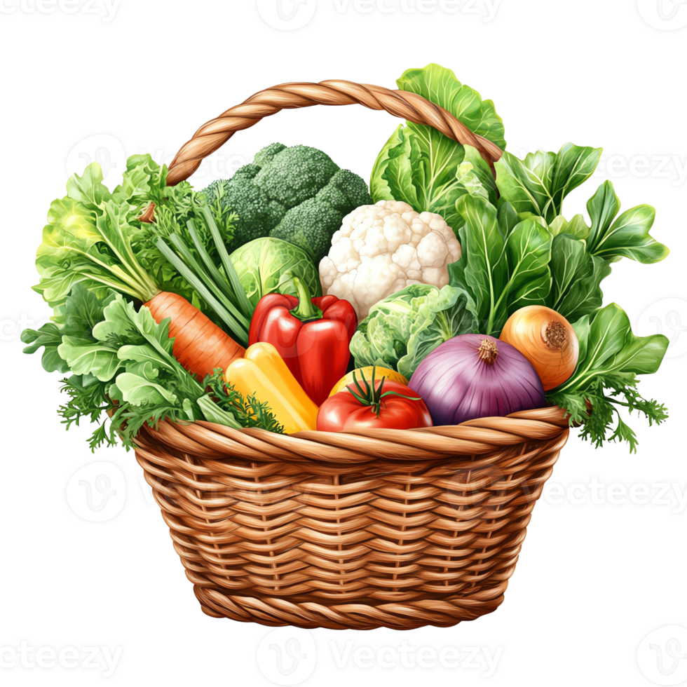 A wicker basket filled with a variety of fresh vegetables including tomatoes, broccoli, lettuce, peppers, and onions. png