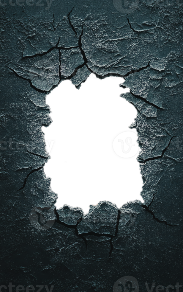 Dark cracked hole in textured wall, isolated background for design, grunge worn surface with central empty space for text or images png