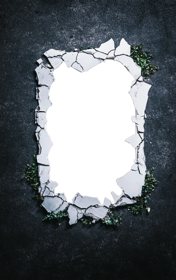 Broken wall mirror frame on a dark textured background with greenery peeking through. Great for design and conceptual photography. png