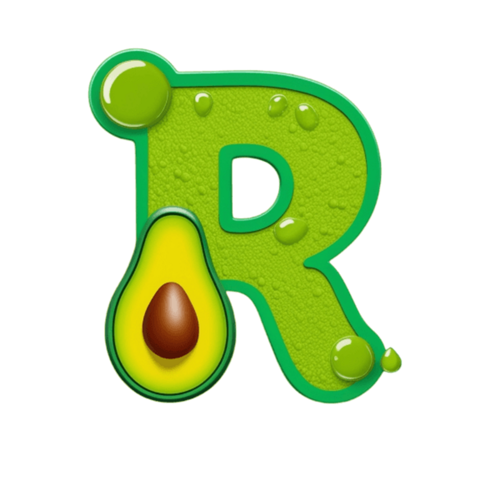 the letter R is designed in bright green with a bubbly avocado texture png