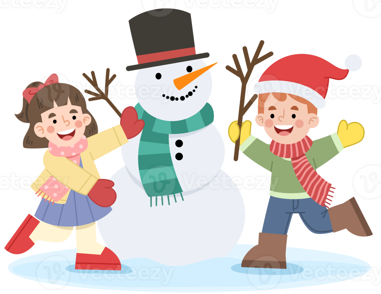 Illustration of a boy and girl making a snowman png