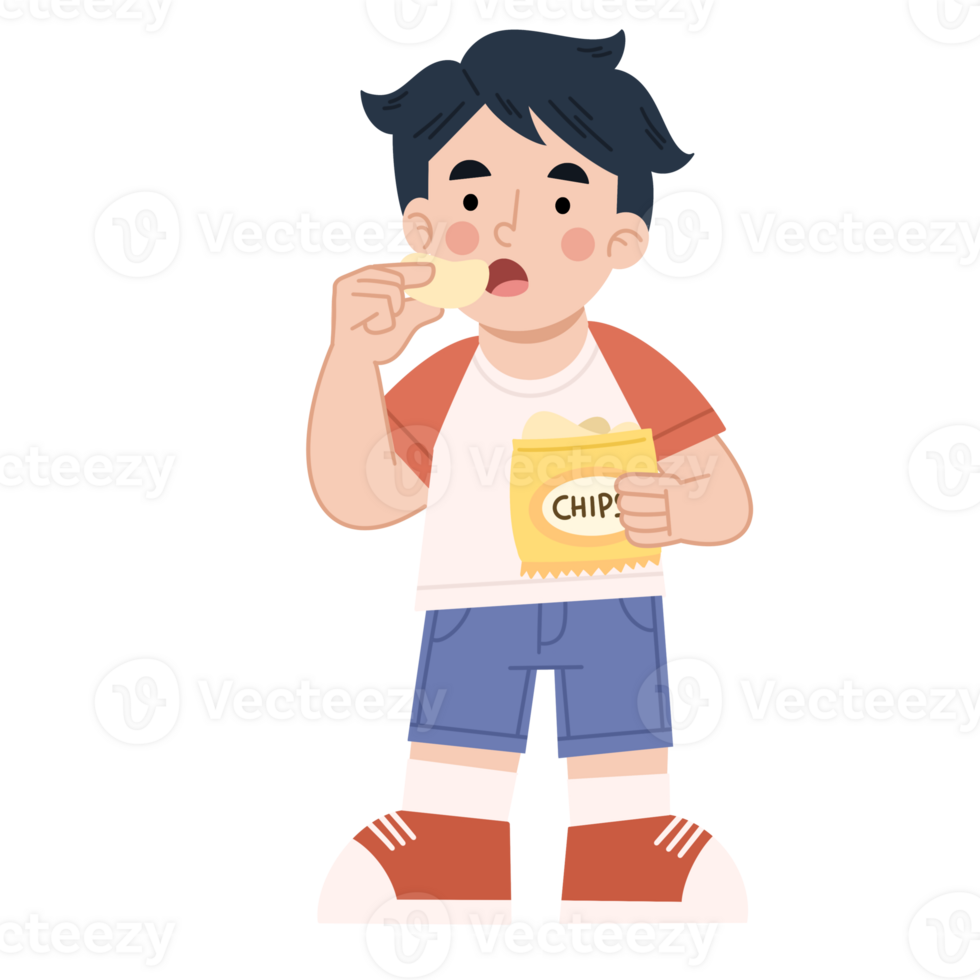 Illustration of a boy eating a packaged snack png