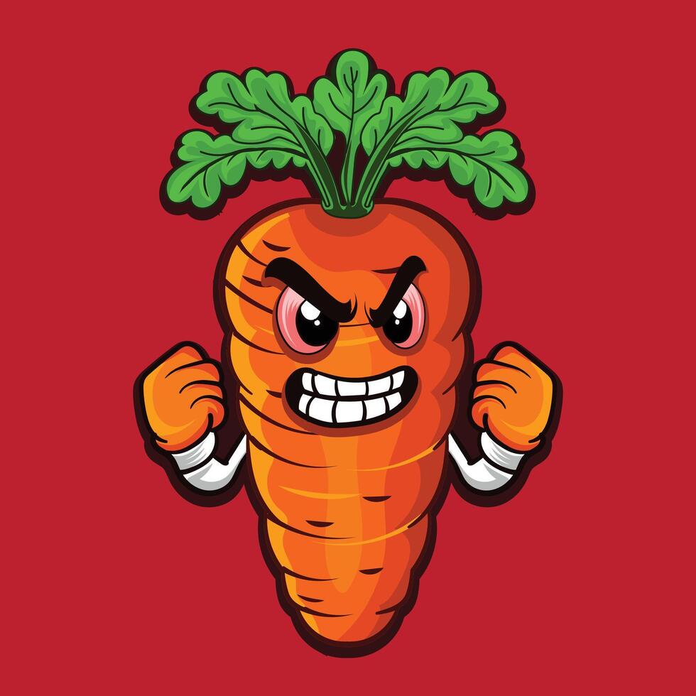 Carrot angry face character with green leaf vagetable vector