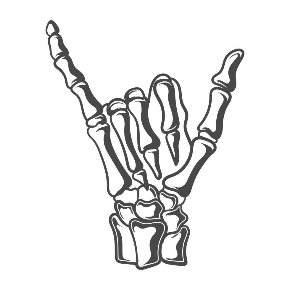 Skeleton hand Finger shaka sing black and white design vector