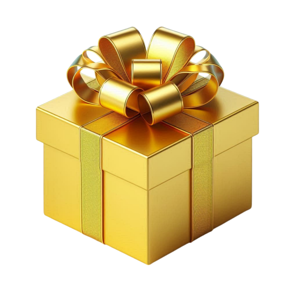 3d golden gift box rendering with golden ribbon png
