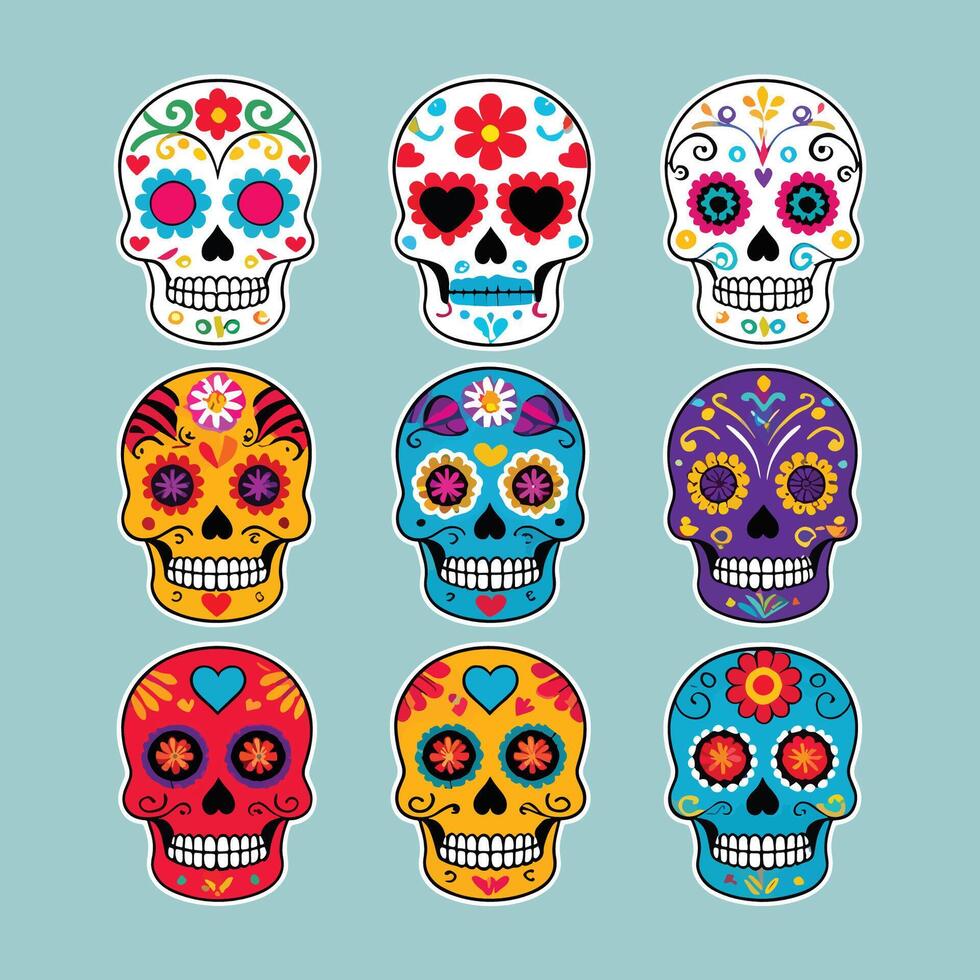 A set of Dia de Muertos sugar skull icons or stickers with unique decorative elements vector