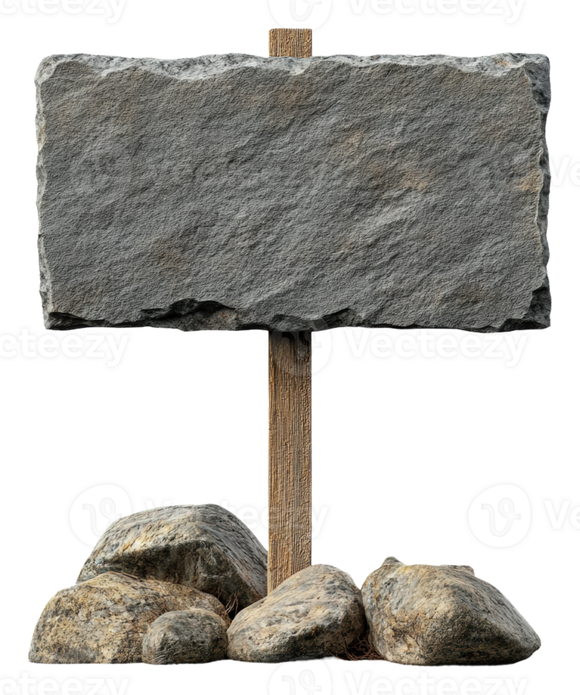 Stone sign on wood post, surrounded by rocks png