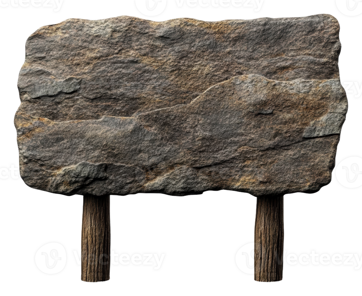 Stone sign on wooden posts in nature png
