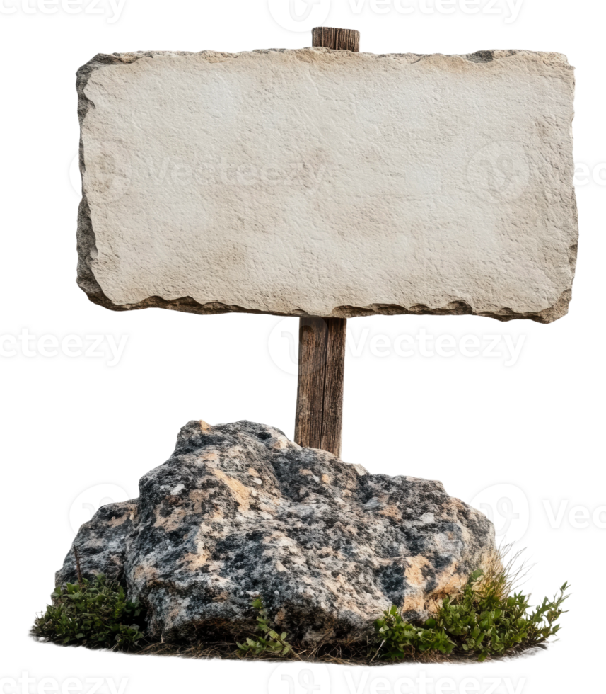 Blank stone sign on wooden post in natural setting png